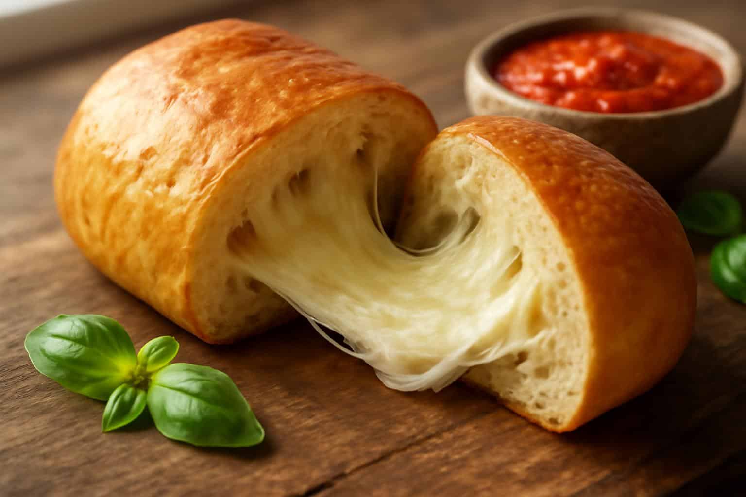 Golden baked mozzarella stuffed bread with melted cheese oozing out, showcasing mozzarella stuffed bread