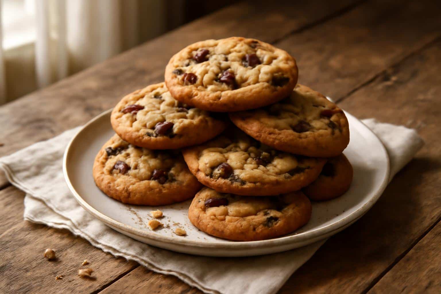 Freshly baked crispy New York-style cookies stacked on a rustic wooden table
