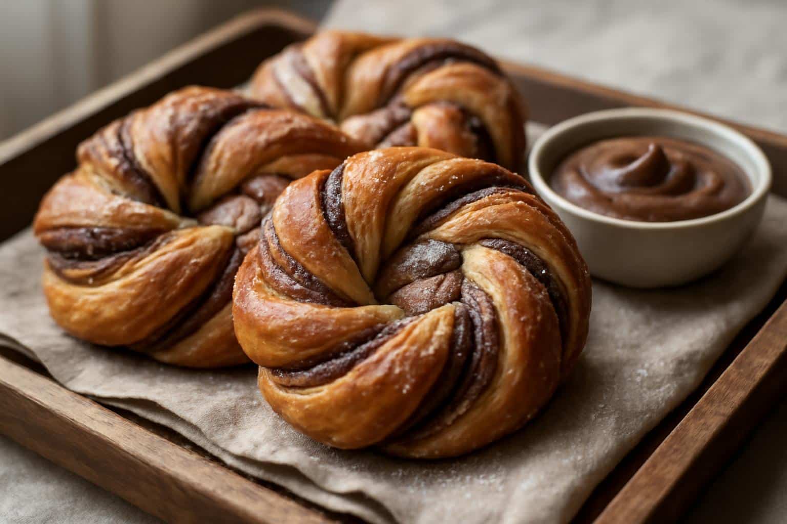 Freshly baked nutella twist buns with golden swirls and powdered sugar on a rustic tray