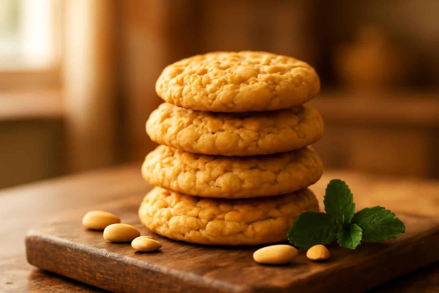 Freshly baked creamy peanut butter cookies stacked on wooden board with peanuts and mint garnish