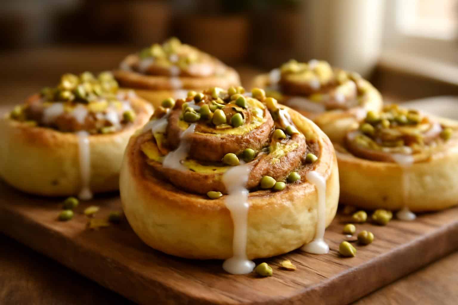 Freshly baked pistachio cinnamon rolls with glaze and chopped pistachios on top