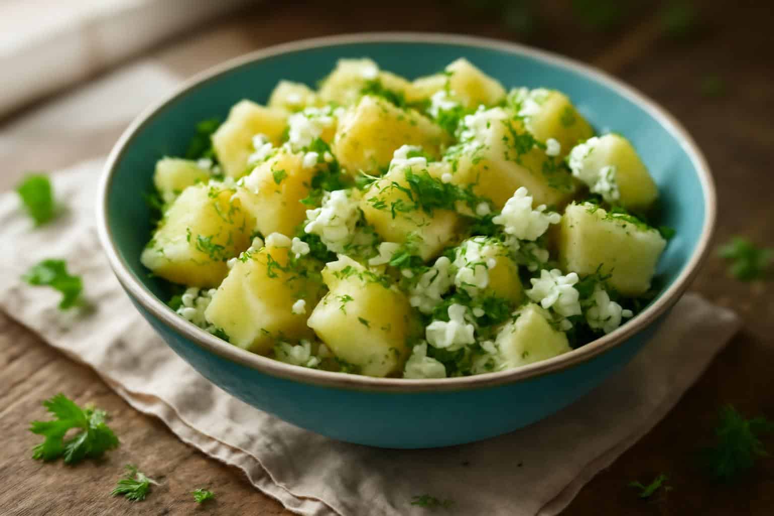 Homemade creamy potato feta salad with fresh herbs and crumbled cheese