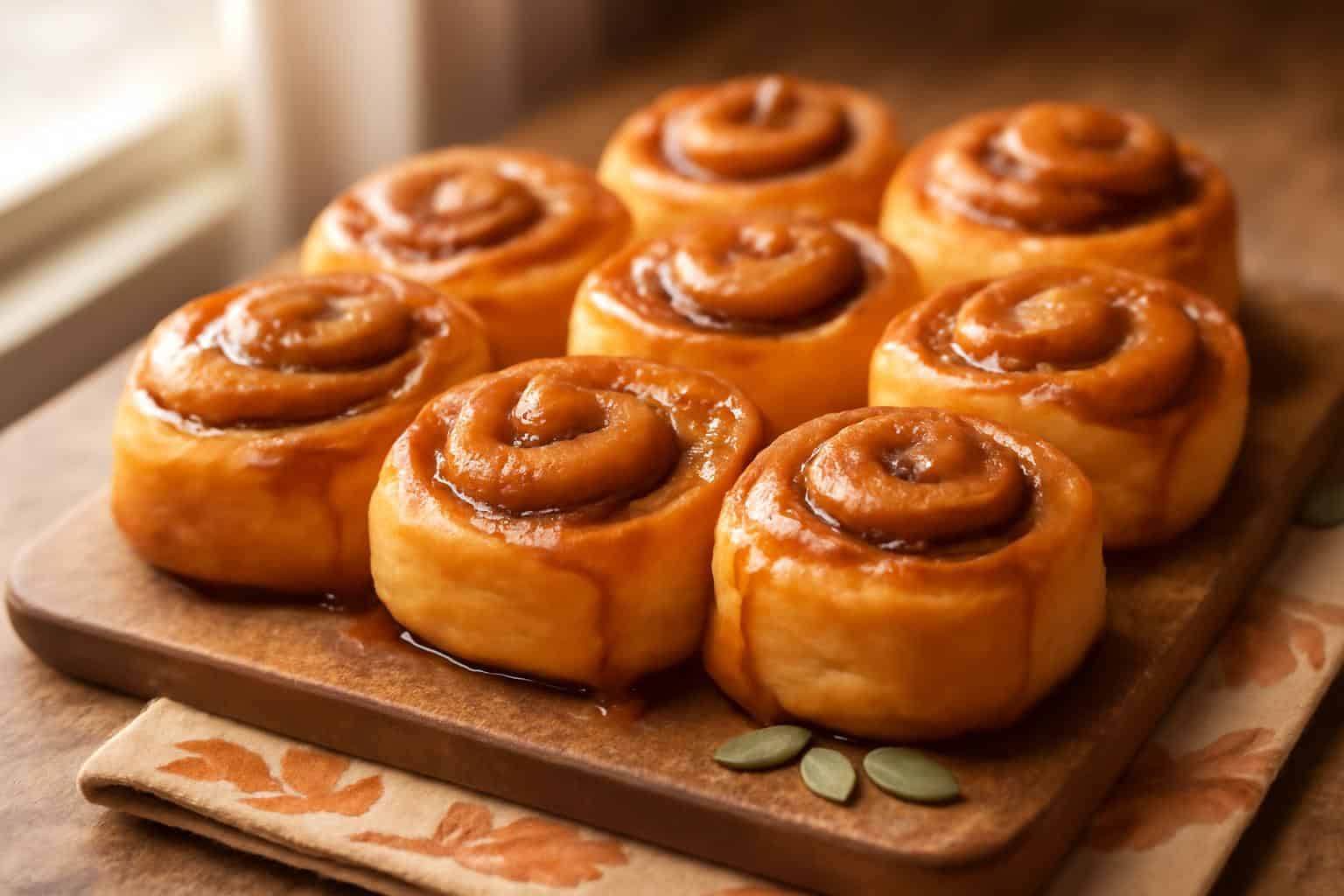 Freshly baked pumpkin butter cinnamon rolls with cinnamon swirls and glaze on rustic wooden board