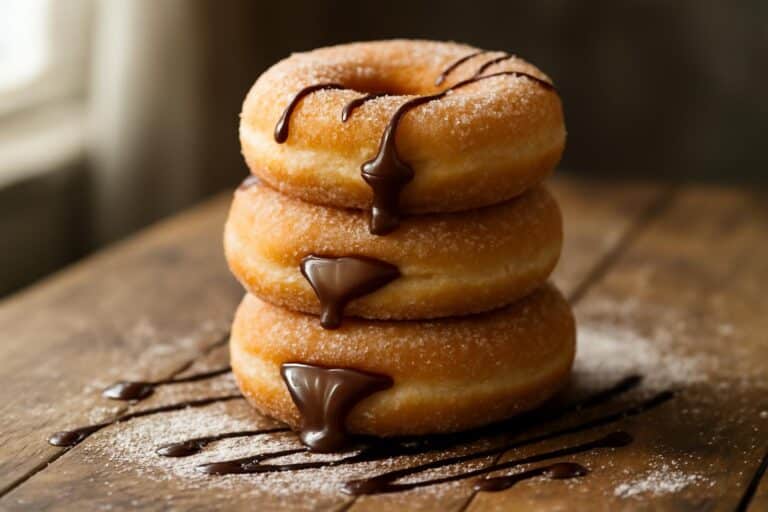 stack of golden sugar donuts filled with creamy chocolate and dusted with sugar