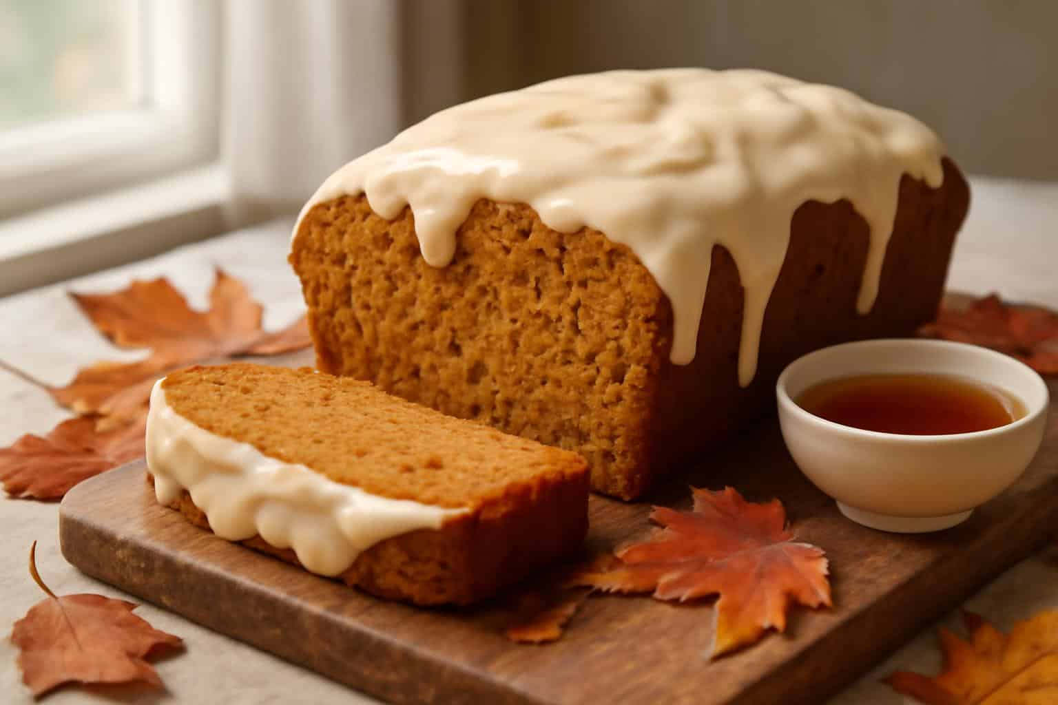 Sliced vegan pumpkin bread with creamy vanilla maple glaze on rustic wooden board
