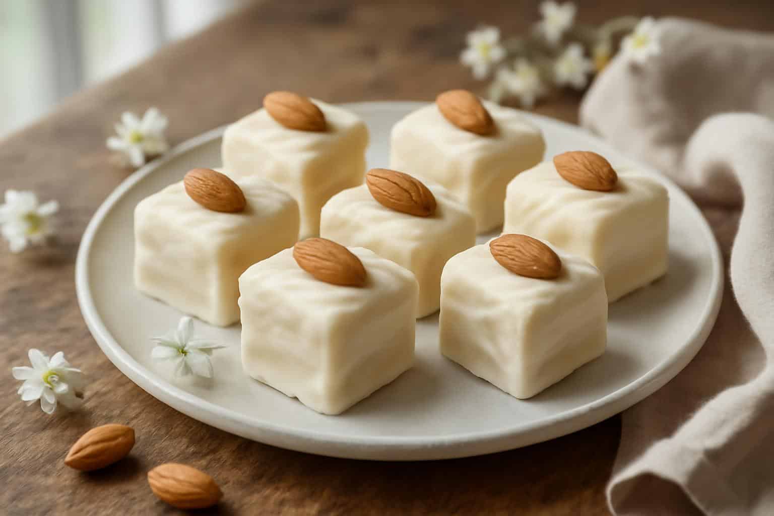 A plate of creamy white almond petit fours with almond garnish under soft natural window light