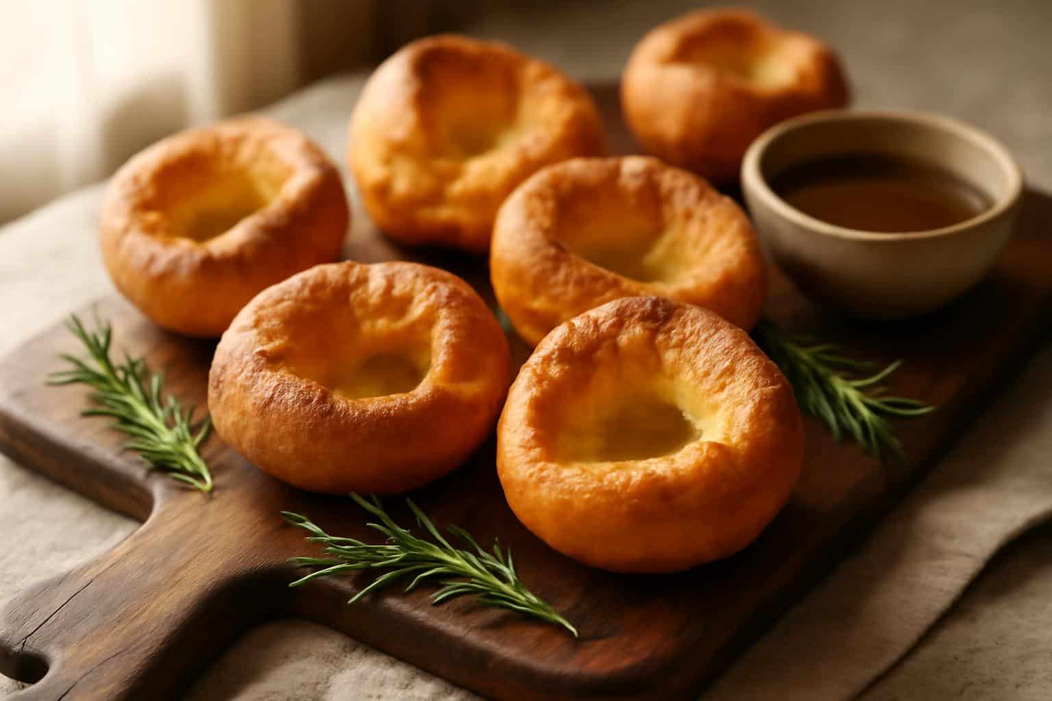 crispy golden homemade yorkshire pudding served on rustic wooden board with gravy and rosemary garnish