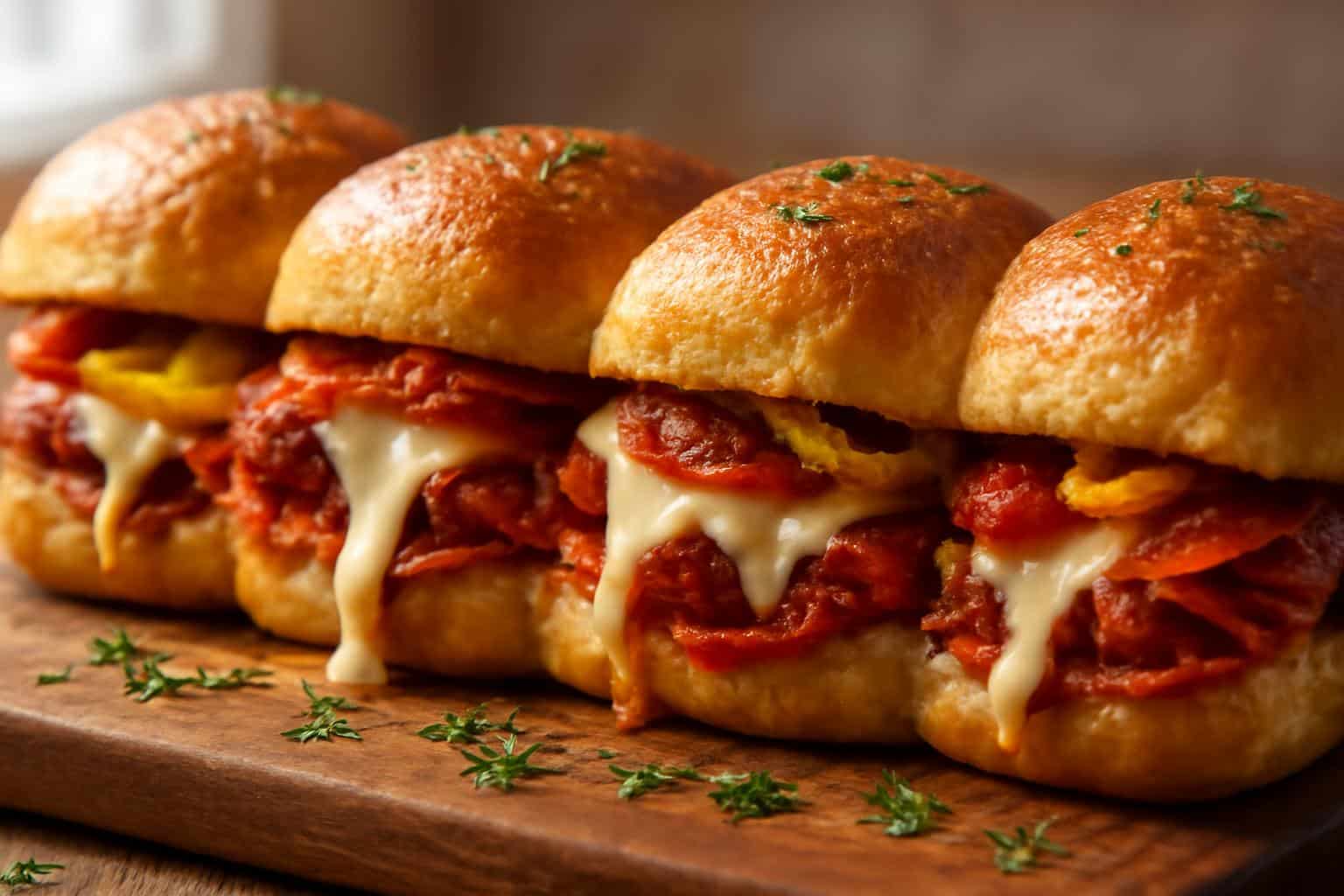 Freshly baked hot italian sub sliders with crispy bread, melted cheese, and spicy meats on rustic board