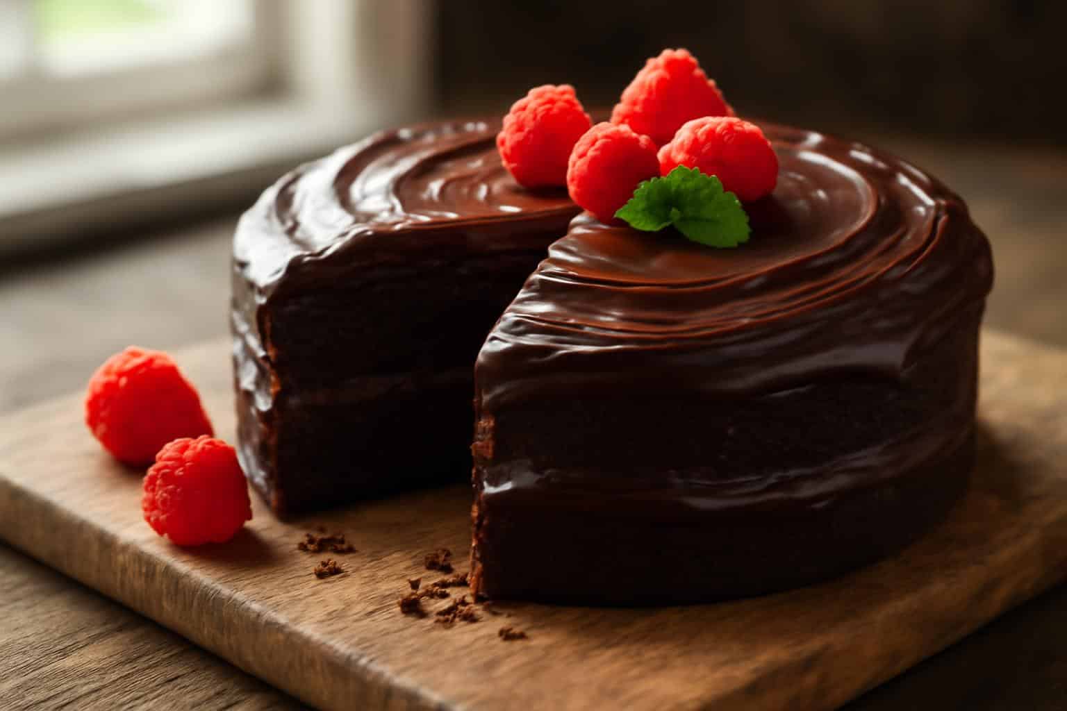 moist homemade chocolate cake with glossy frosting and fresh raspberries, chocolate cake