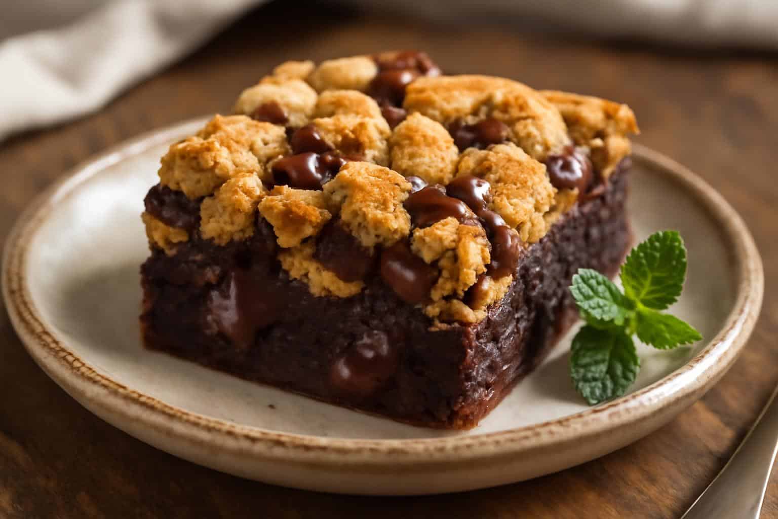 Loaded brookie dessert with cookie and brownie layers, rich chocolatey treat