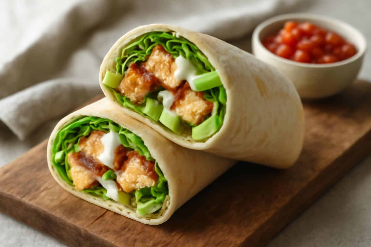 Low carb chicken wrap with grilled chicken, lettuce, and avocado on rustic wooden board