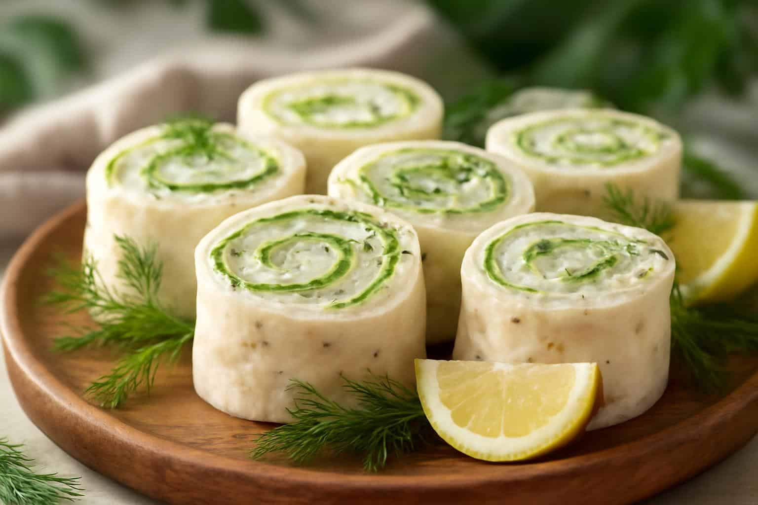Fresh cucumber dill pinwheel appetizer on a wooden platter with dill garnish
