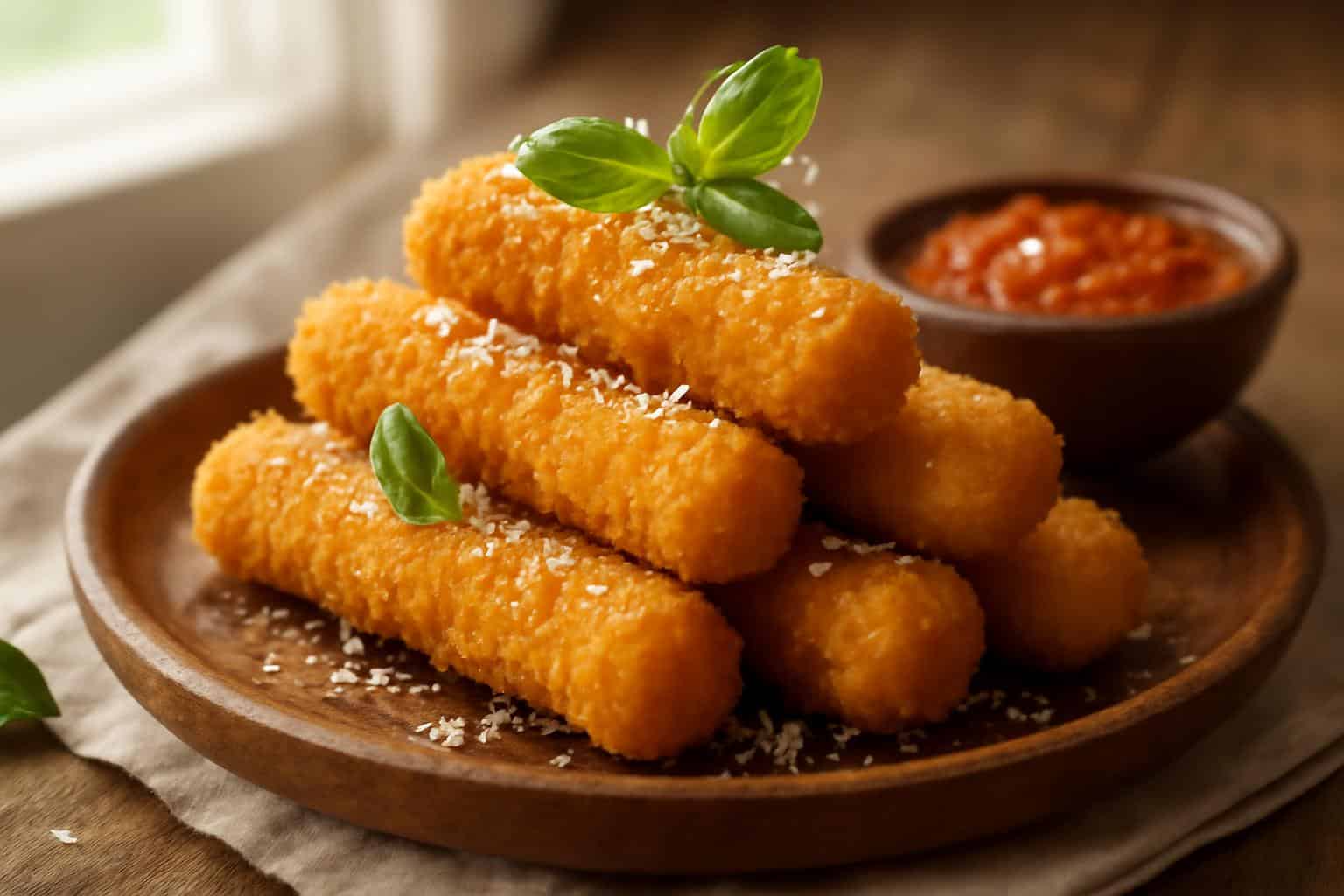 Golden crispy easy mozzarella sticks with marinara sauce and basil garnish