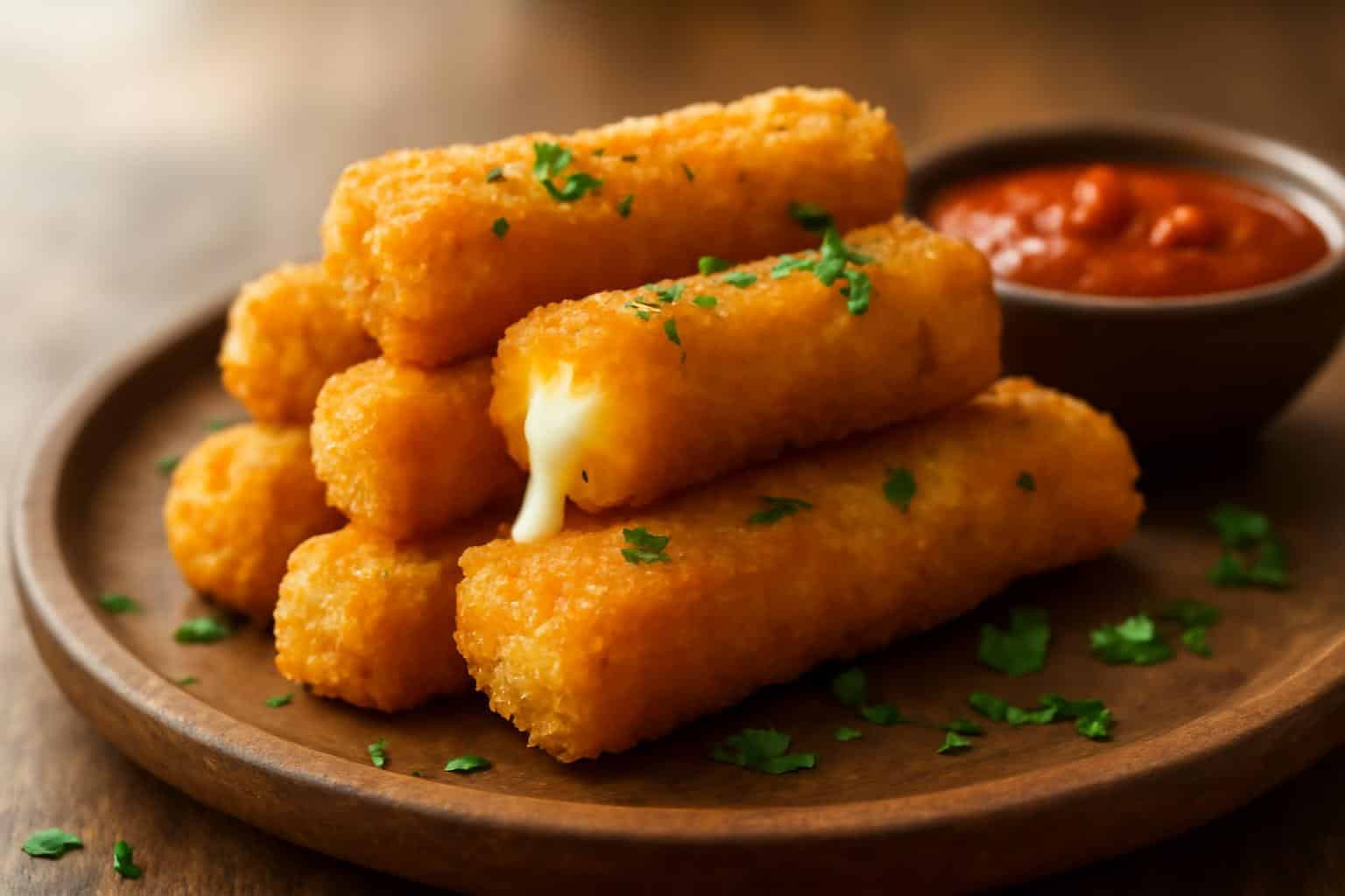 Golden crispy mozzarella sticks with marinara sauce and parsley, perfect mozzarella sticks appetizer