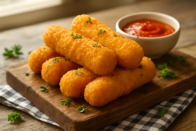 Golden crispy easy mozzarella sticks with marinara sauce and parsley garnish