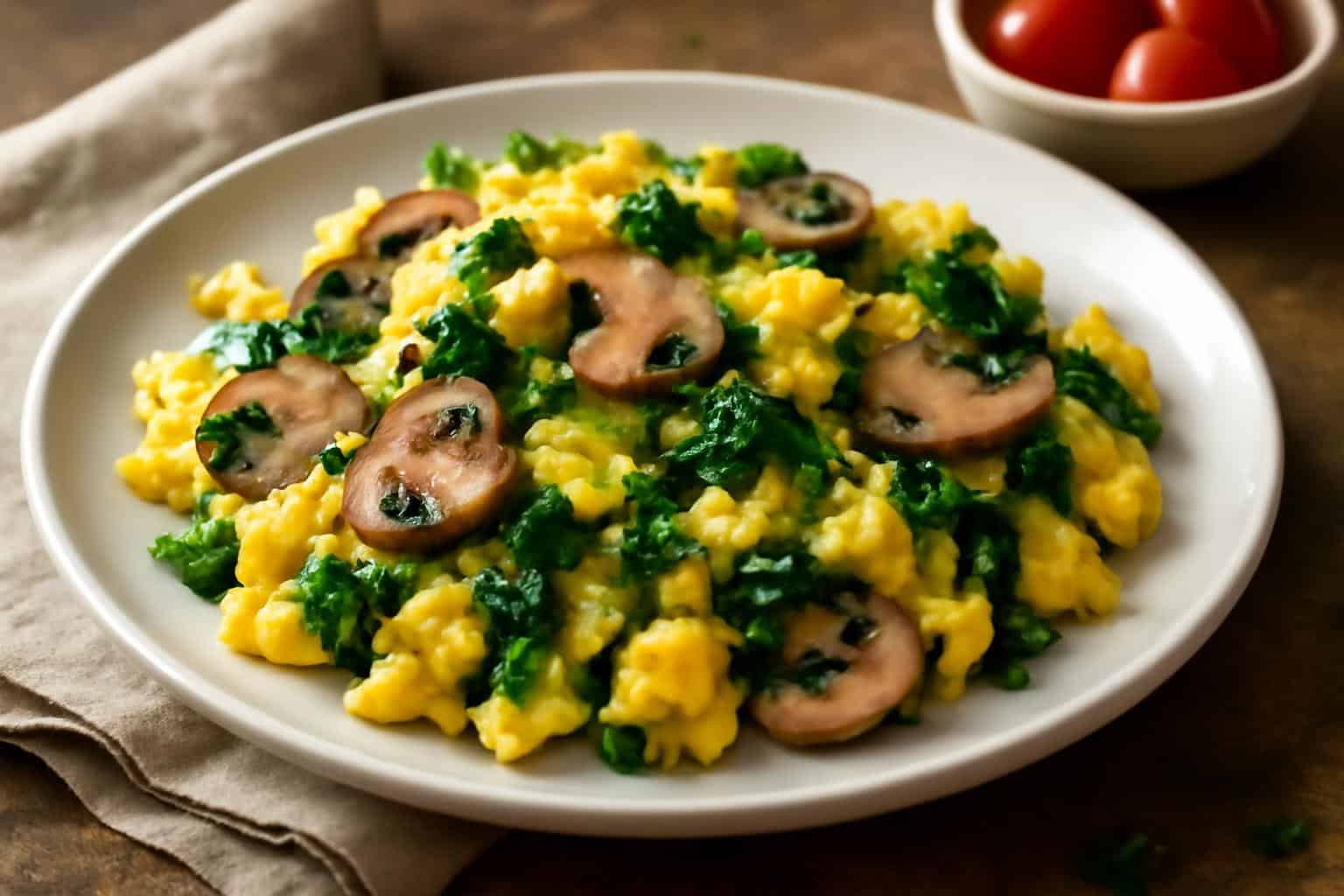 Mushroom spinach scrambled eggs on white plate garnished with parsley in natural soft light