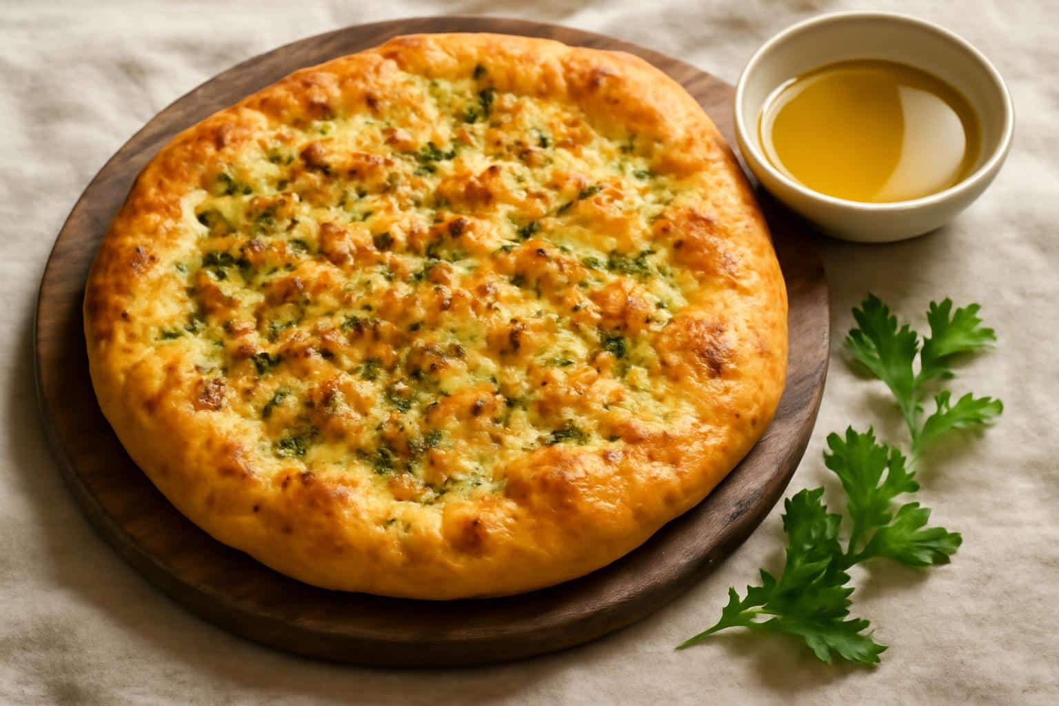 Golden no knead garlic flatbread with herbs and garlic on rustic wooden board
