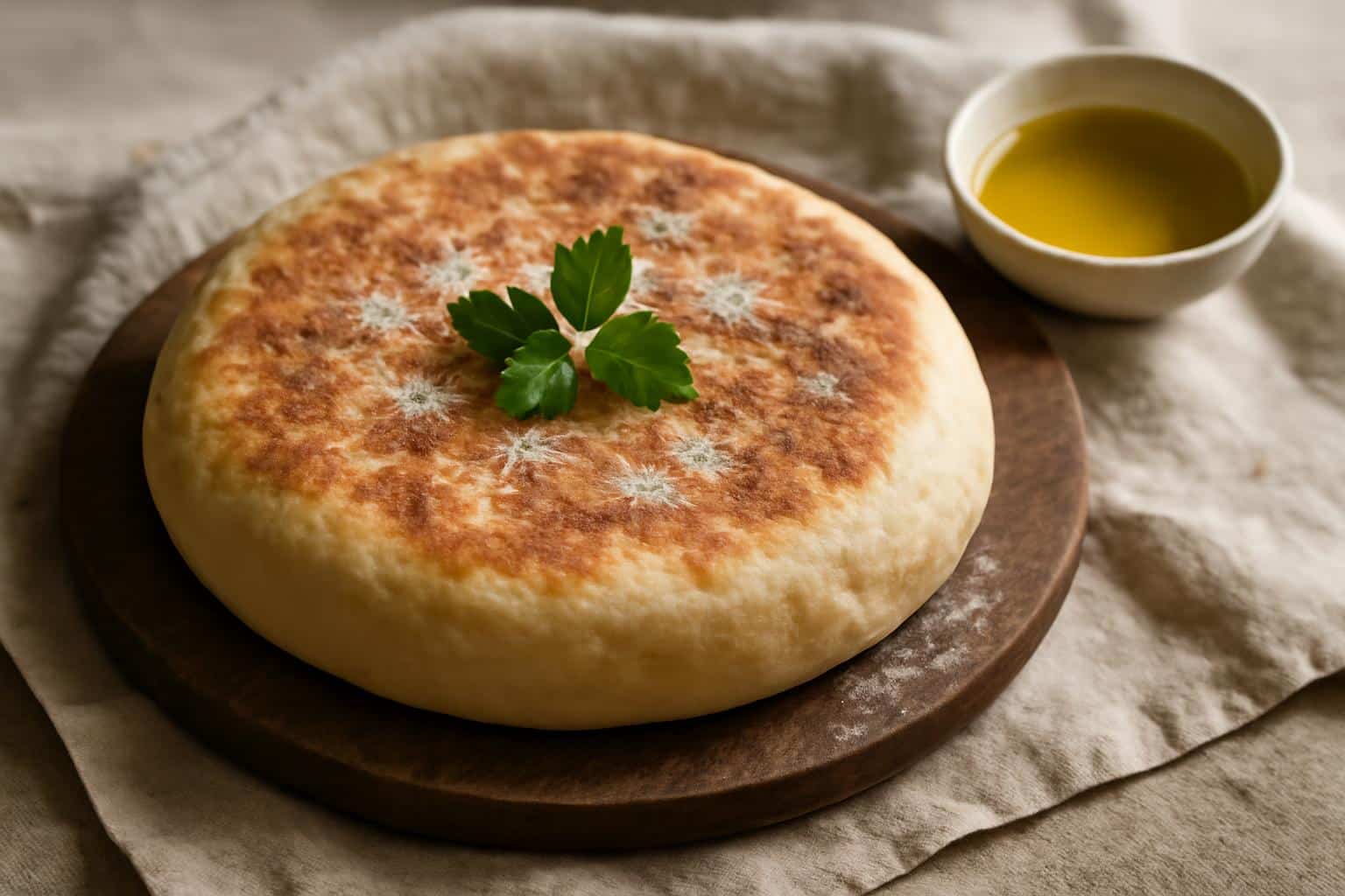 Soft golden no-knead Turkish bread bazlama with fresh parsley garnish