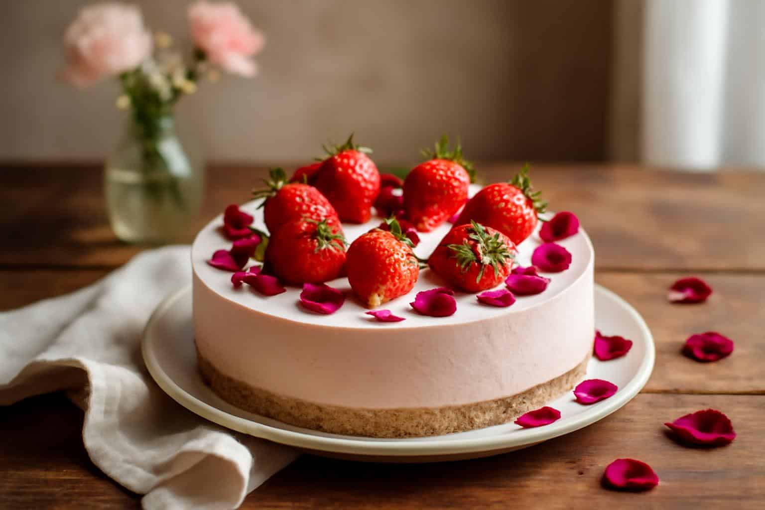 Creamy no bake cake with strawberries and rose petals, perfect no bake cake dessert