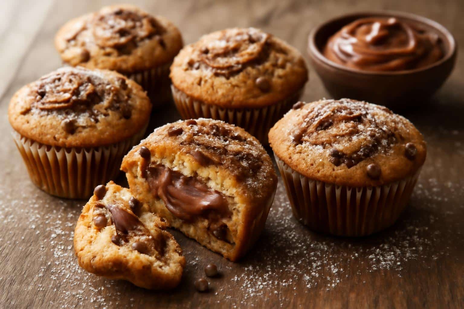 Freshly baked nutella chocolate chip muffins with creamy centers and melted chips