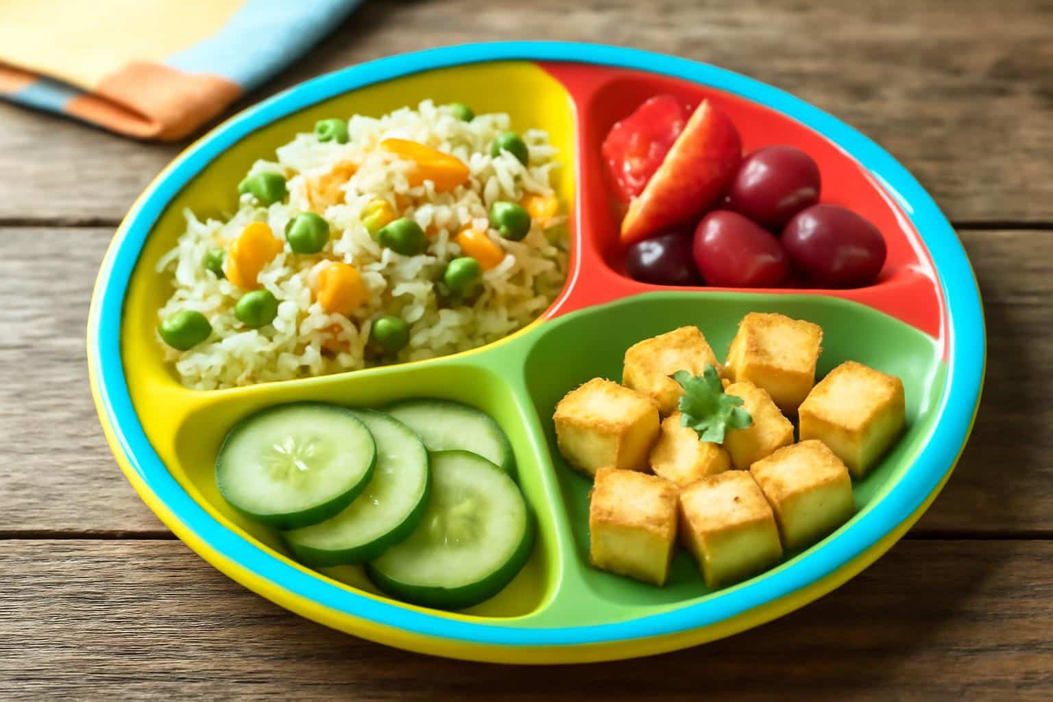 Healthy kids tiffin recipe served with vegetable pulao and paneer cubes on a rustic table