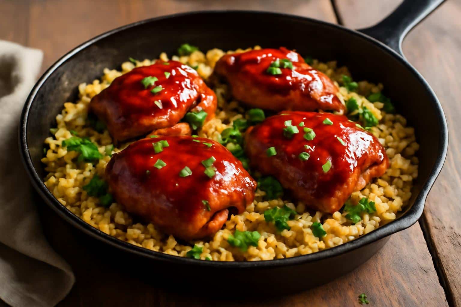 Honey BBQ chicken rice in a skillet with fresh green onion garnish