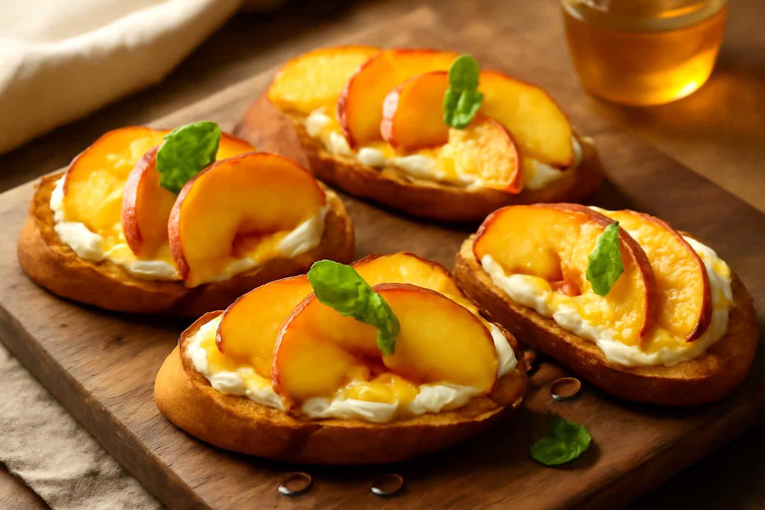 Close-up of peach bruschetta topped with creamy ricotta and honey drizzle on toasted baguette slices