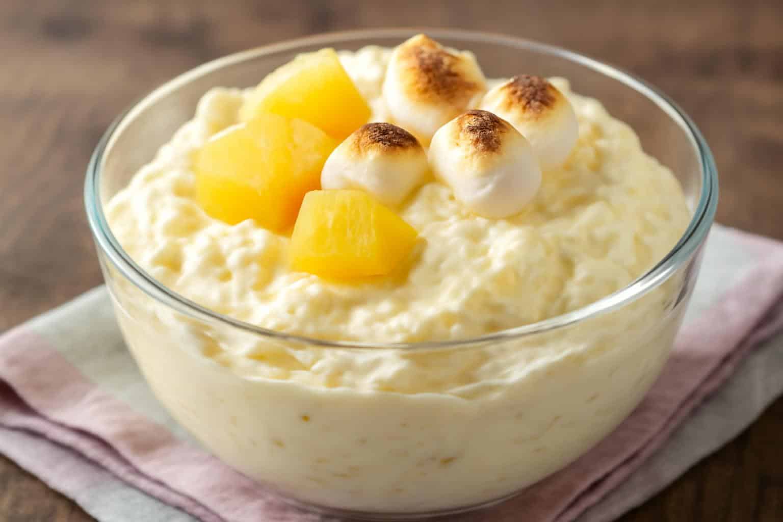 Creamy pineapple marshmallow fluff dessert in glass bowl with fresh pineapple garnish