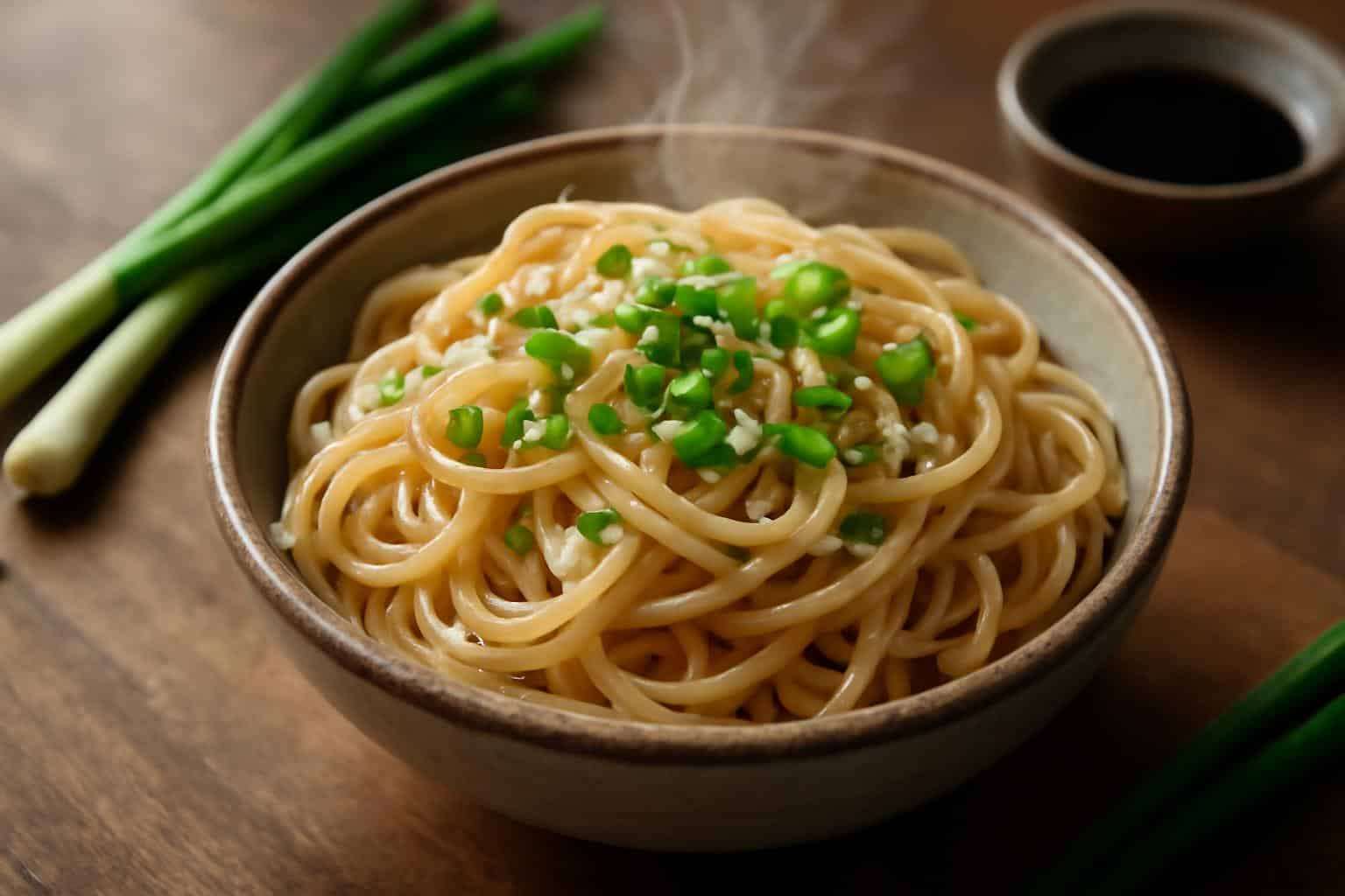Bowl of plain lo mein noodles garnished with green onions and sesame seeds