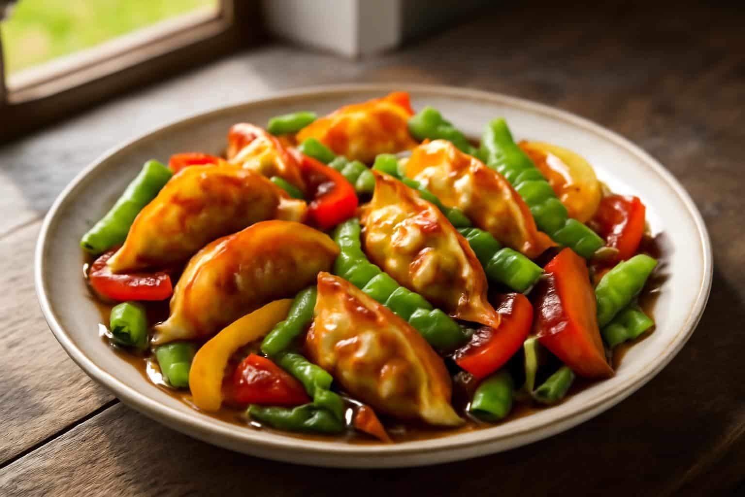Potsticker stir fry with crispy dumplings and colorful vegetables in savory sauce