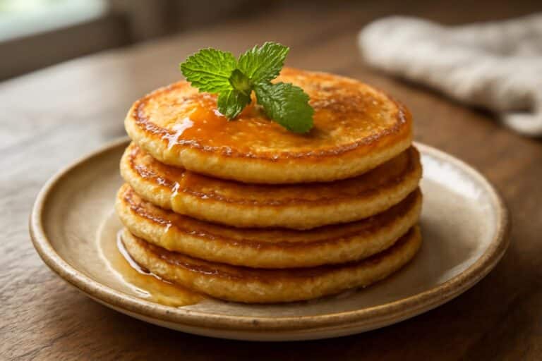 Stack of golden suji pancakes garnished with mint leaves and honey, showcasing healthy suji pancakes