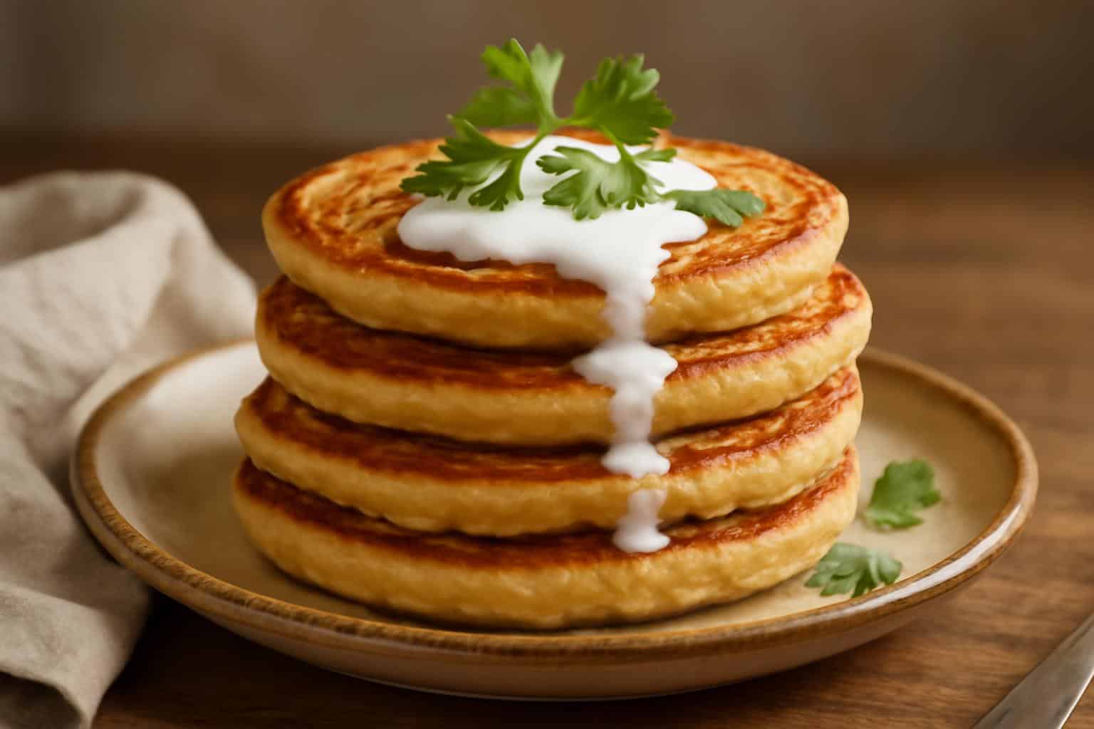 Stack of golden suji pancakes garnished with cilantro and yogurt, showcasing healthy suji pancakes