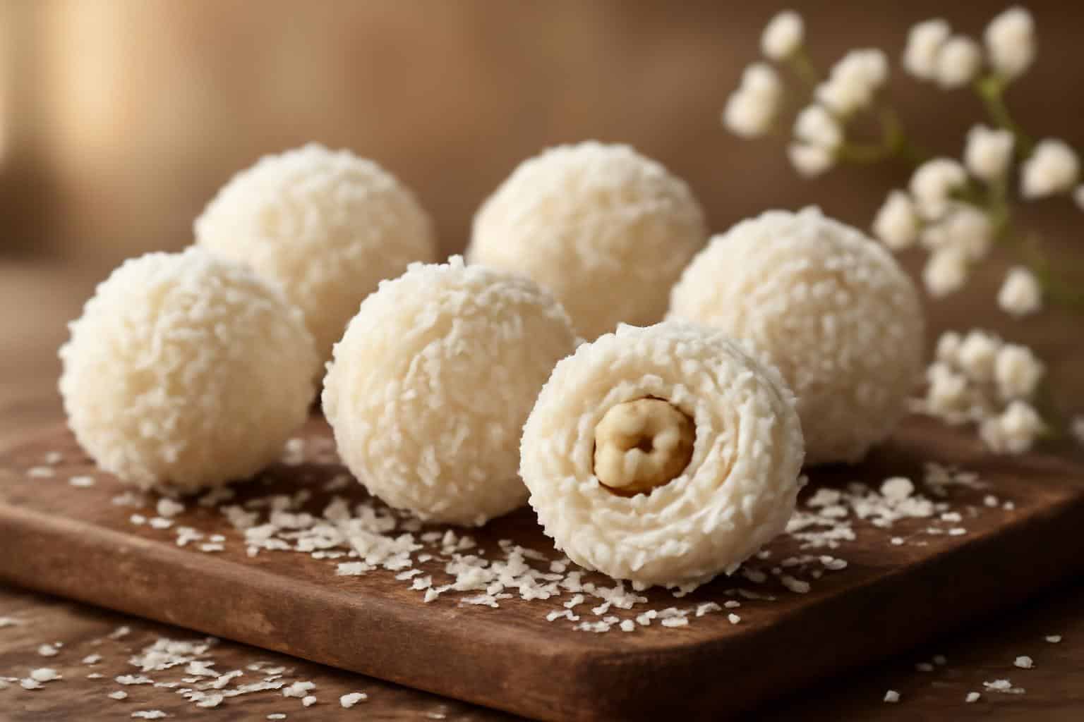 Easy raffaello coconut balls with hazelnuts on rustic wooden board, garnished with shredded coconut