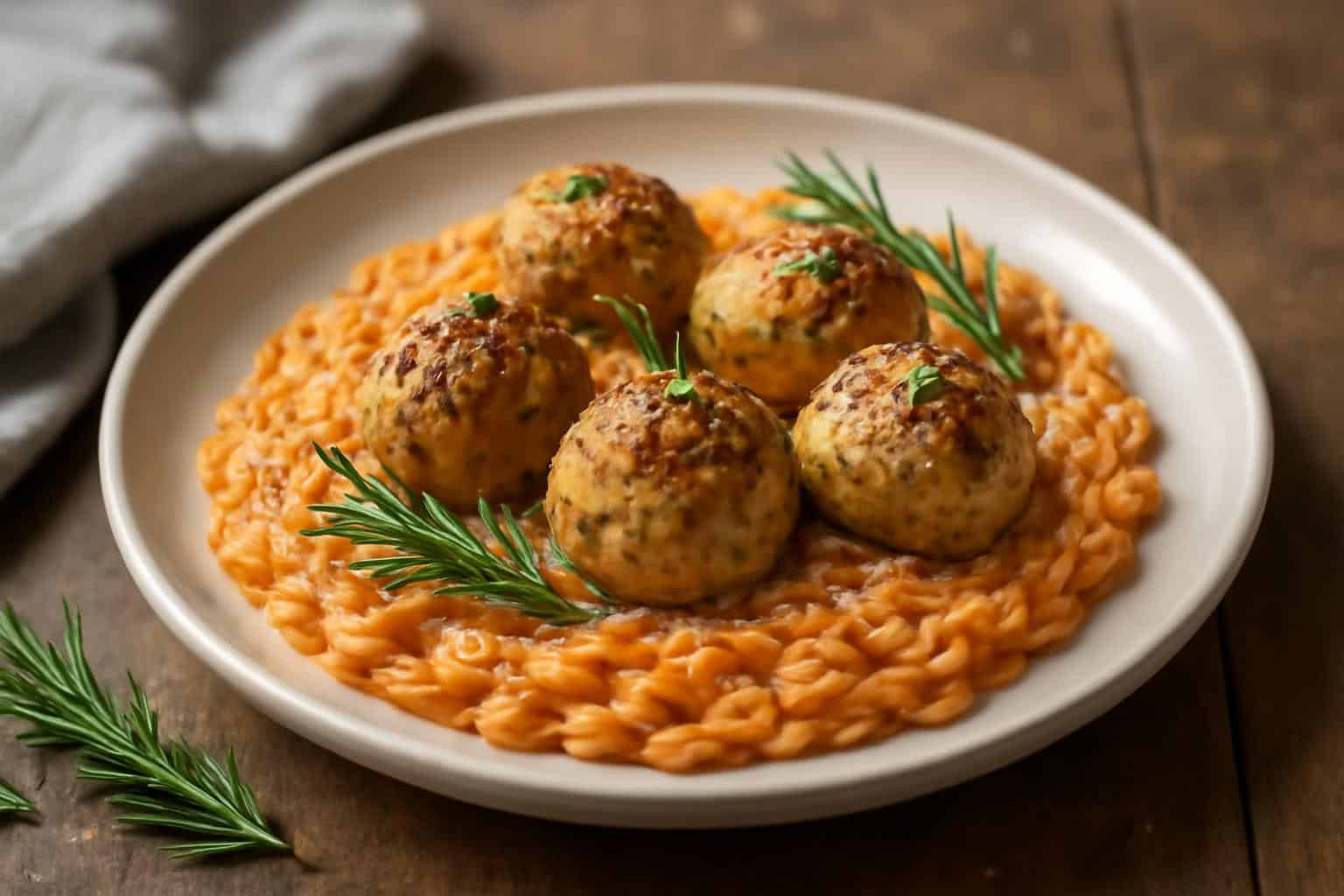 Plate of rosemary chicken meatballs with creamy tomato orzo garnished with fresh rosemary