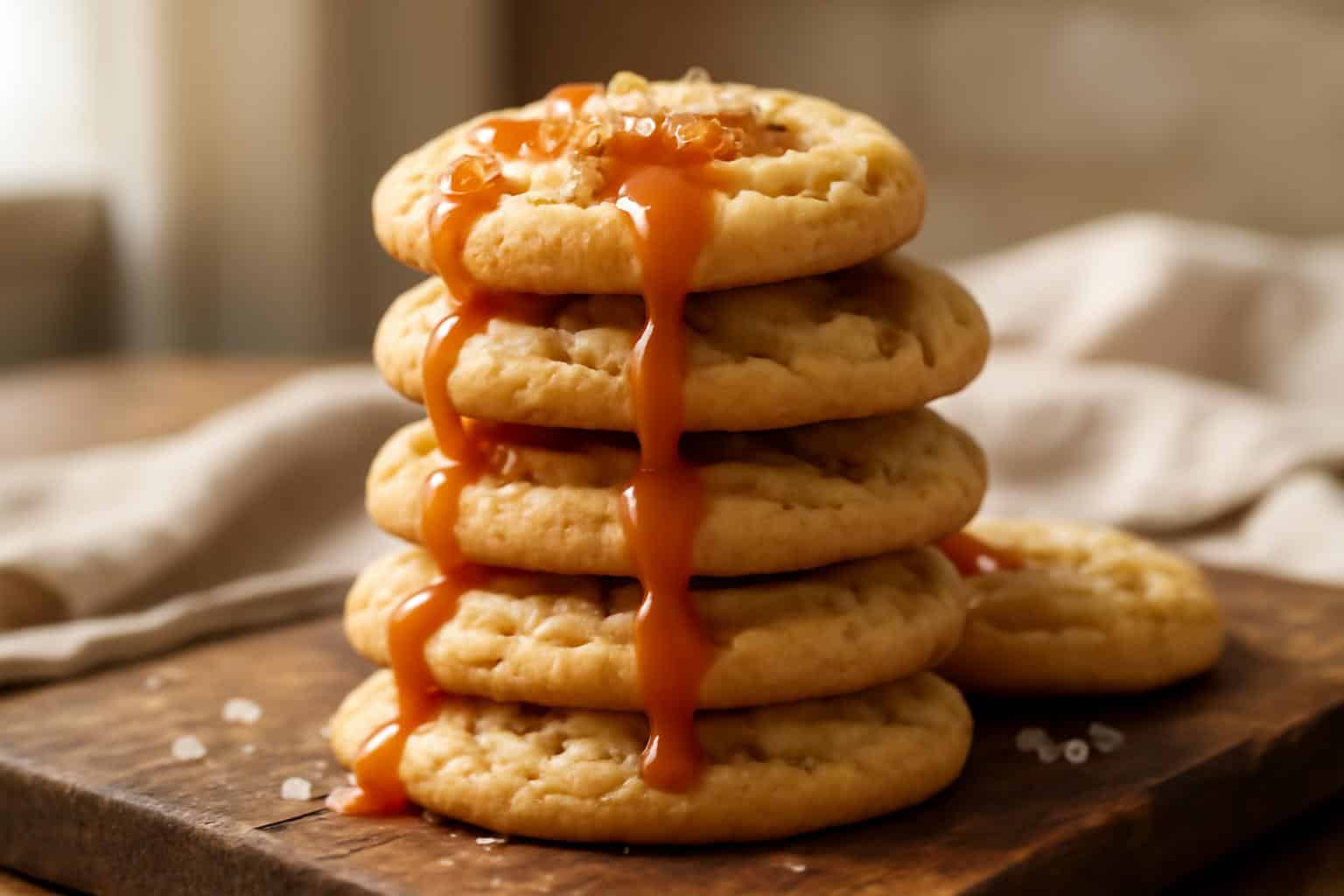 Freshly baked salted caramel cookies with cream cheese showing gooey caramel and sea salt on top