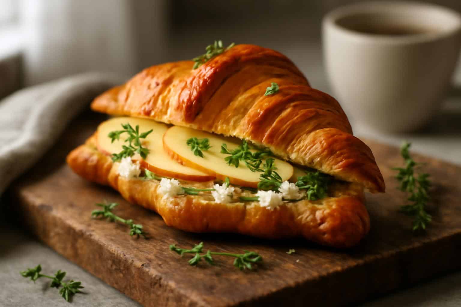 Savory apple croissant with goat cheese and fresh thyme on rustic board