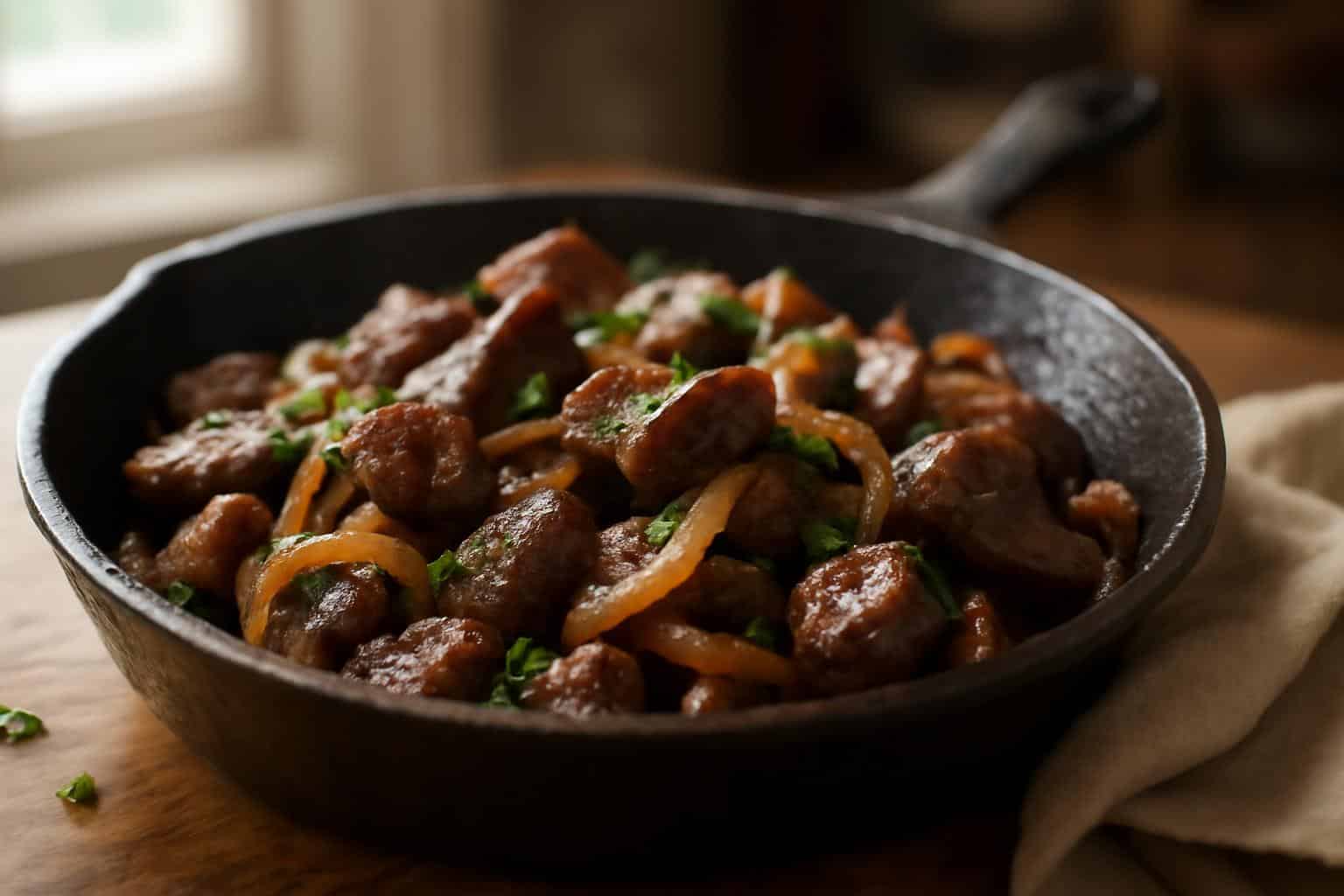 Savory beef sauté with onions garnished with fresh parsley in a rustic skillet, beef sauté with onions