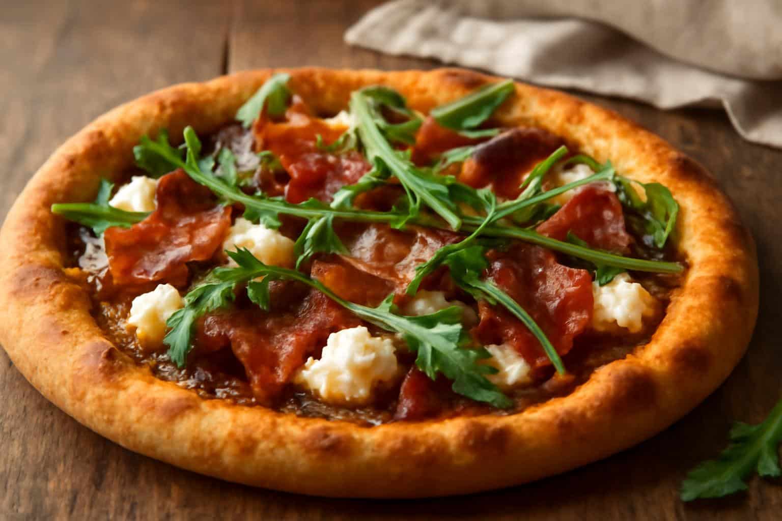 Savory fig jam pizza topped with creamy goat cheese and crispy prosciutto on a rustic wooden surface