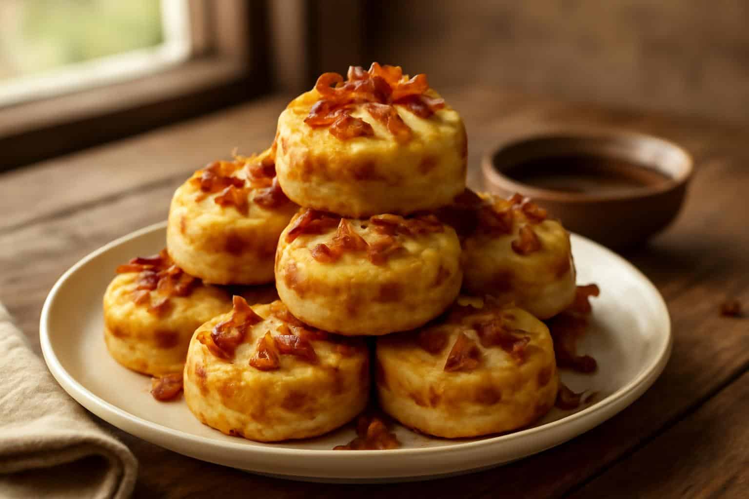 Plate of savory mcgriddle bites with melted cheese and bacon, a healthy breakfast kids will love