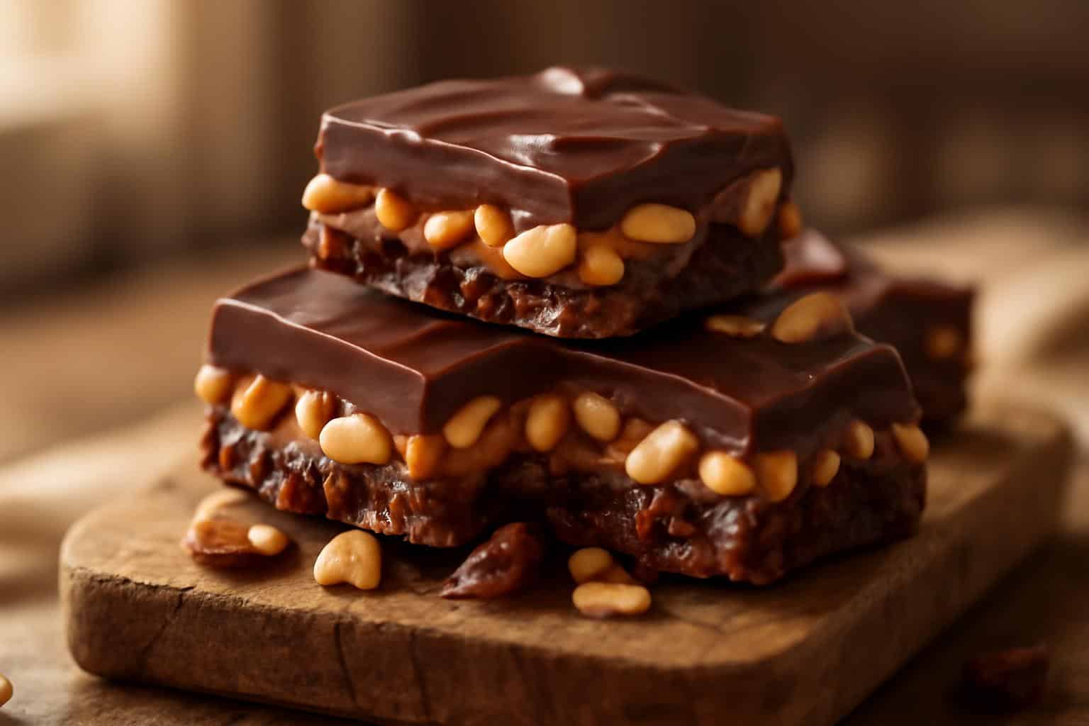 Delicious Snickers date bark with chocolate, caramel, peanuts, and dates on a wooden board