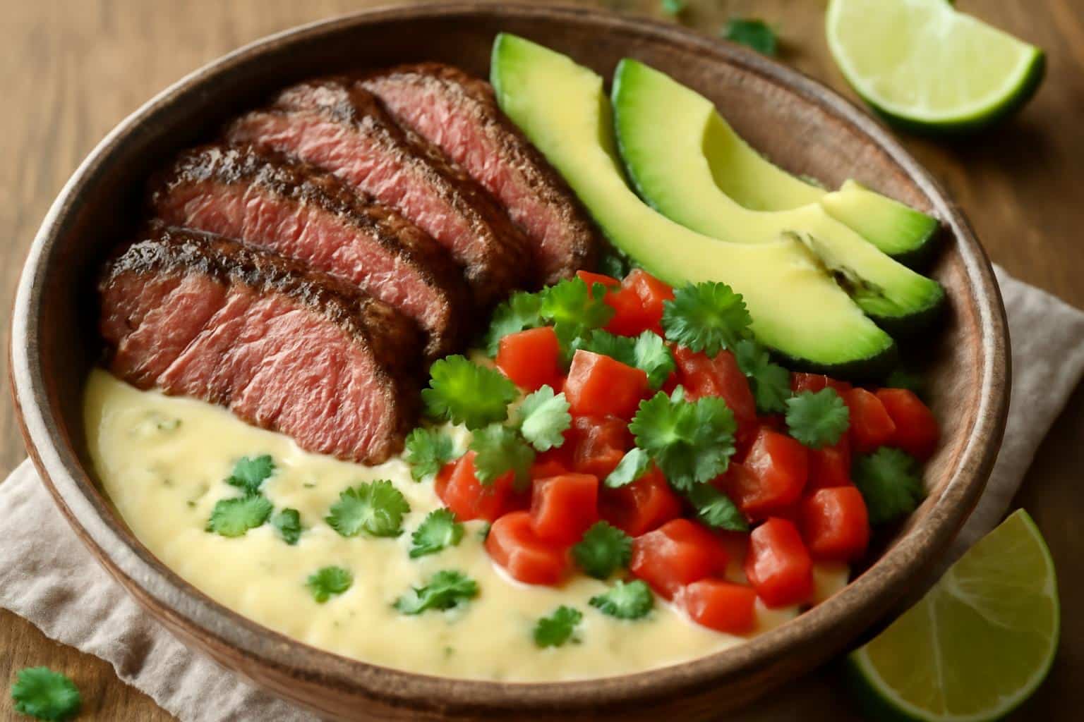 Steak queso bowl with juicy steak, melted queso, avocado, and fresh garnish in a rustic bowl