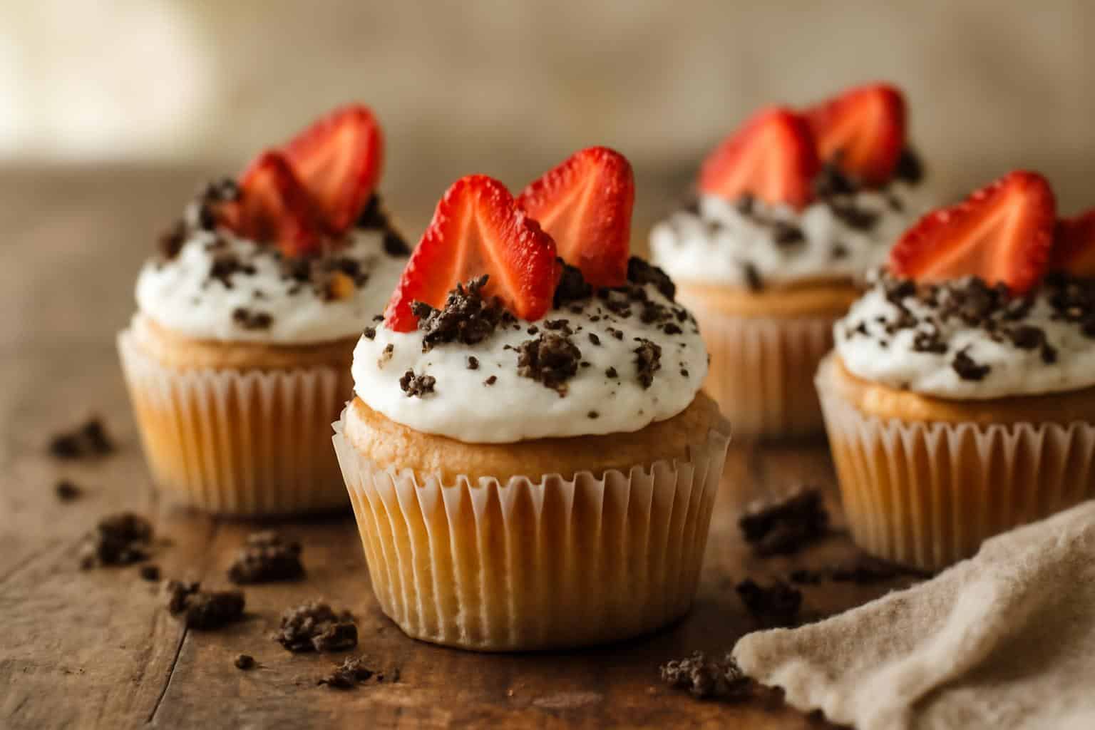 Strawberry Oreo tres leches cupcakes topped with whipped cream and fresh strawberries
