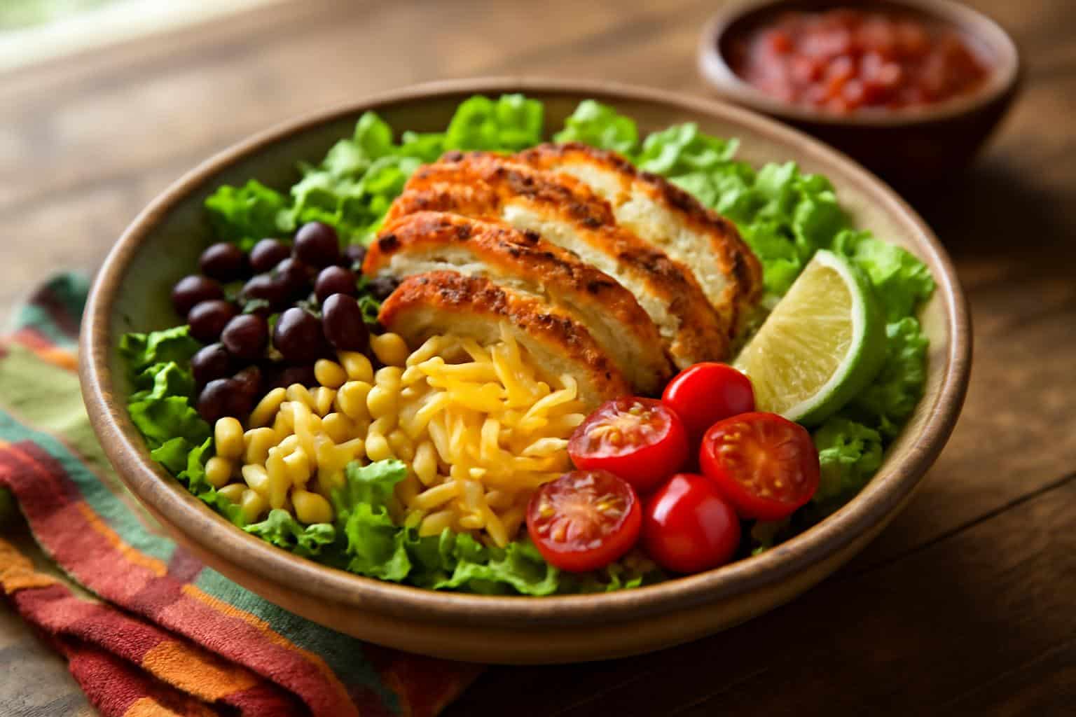Fresh taco chicken salad with greens, grilled chicken, beans, corn, tomatoes, and cheese