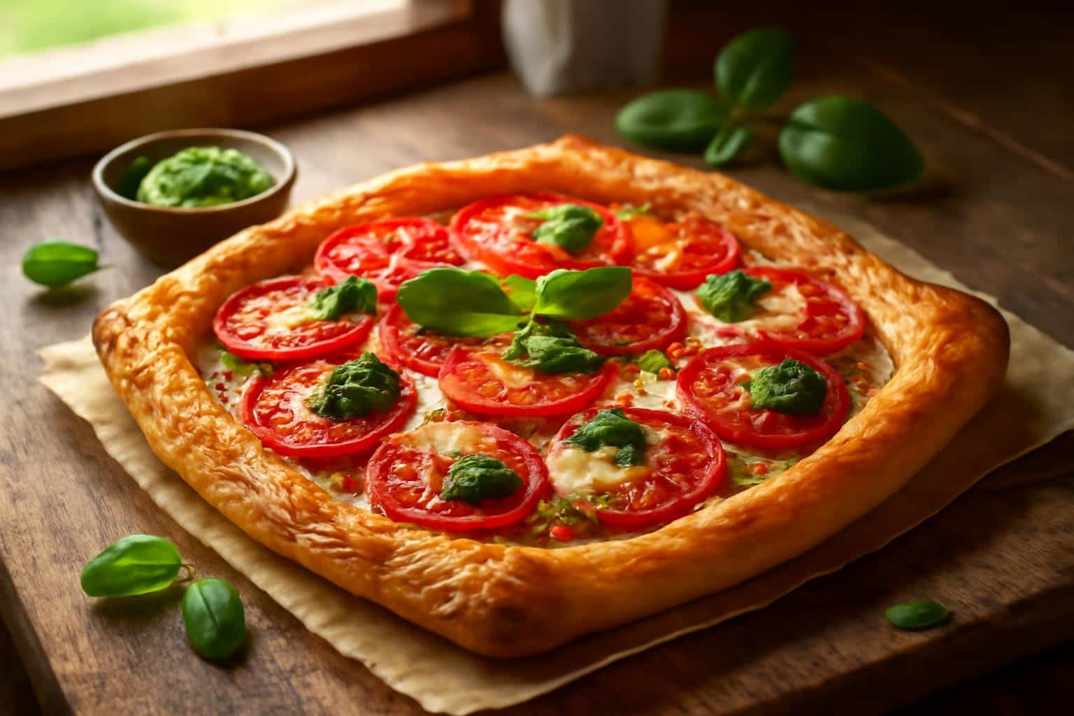 Baked tarte tomate pesto with melted mozzarella and fresh basil on rustic wooden table