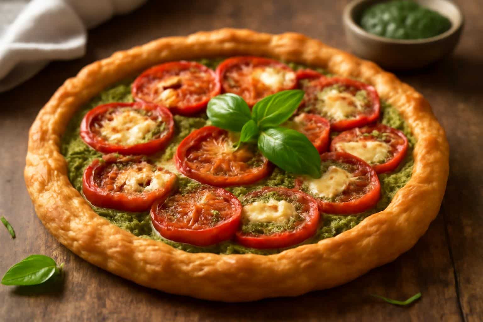 Freshly baked tarte tomate pesto with melted mozzarella and basil garnish on rustic wooden surface