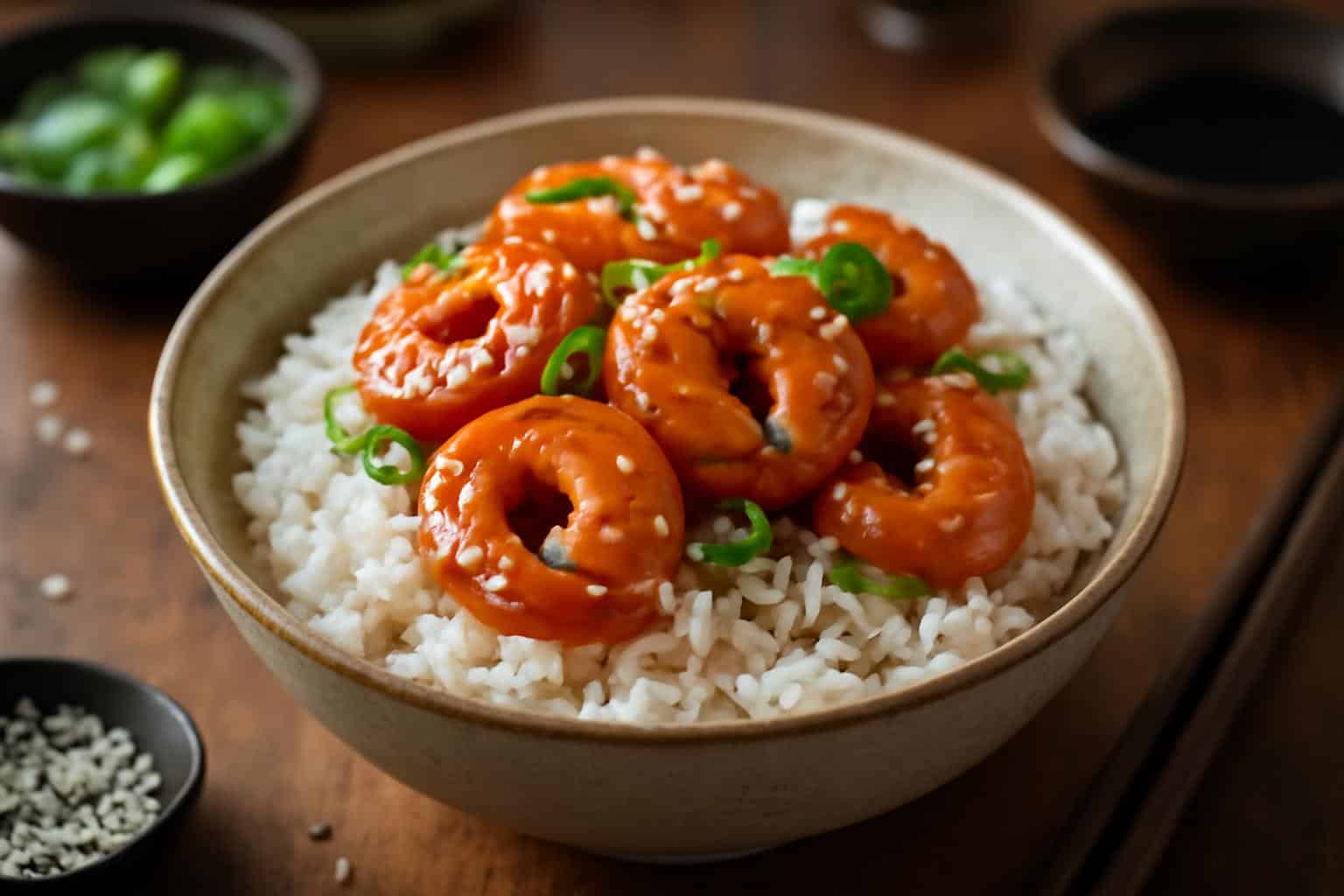 Teriyaki shrimp rice bowl with glazed shrimp, white rice, green onions, and sesame seeds
