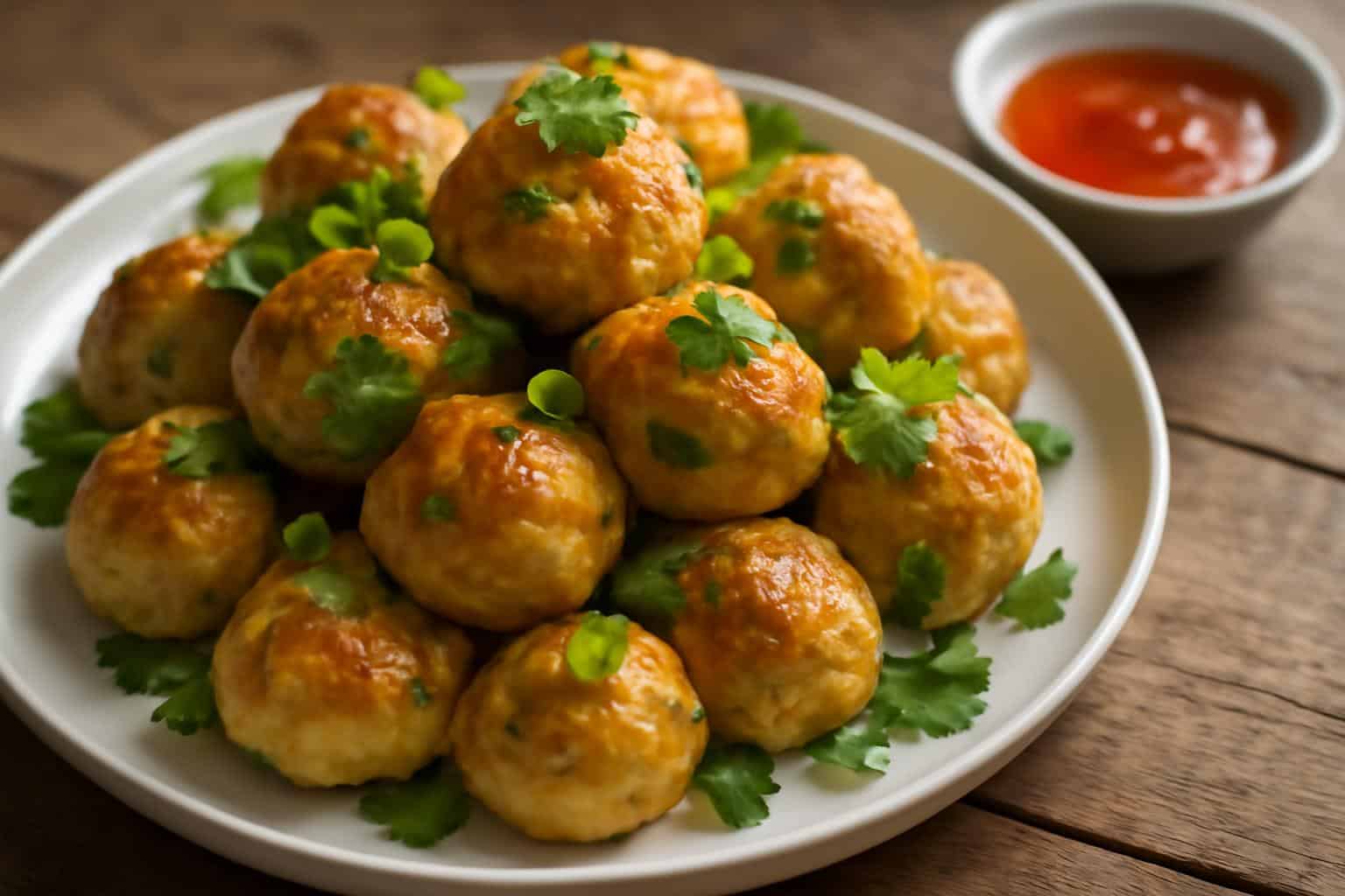 Plate of Thai baked chicken meatballs garnished with cilantro and green onions