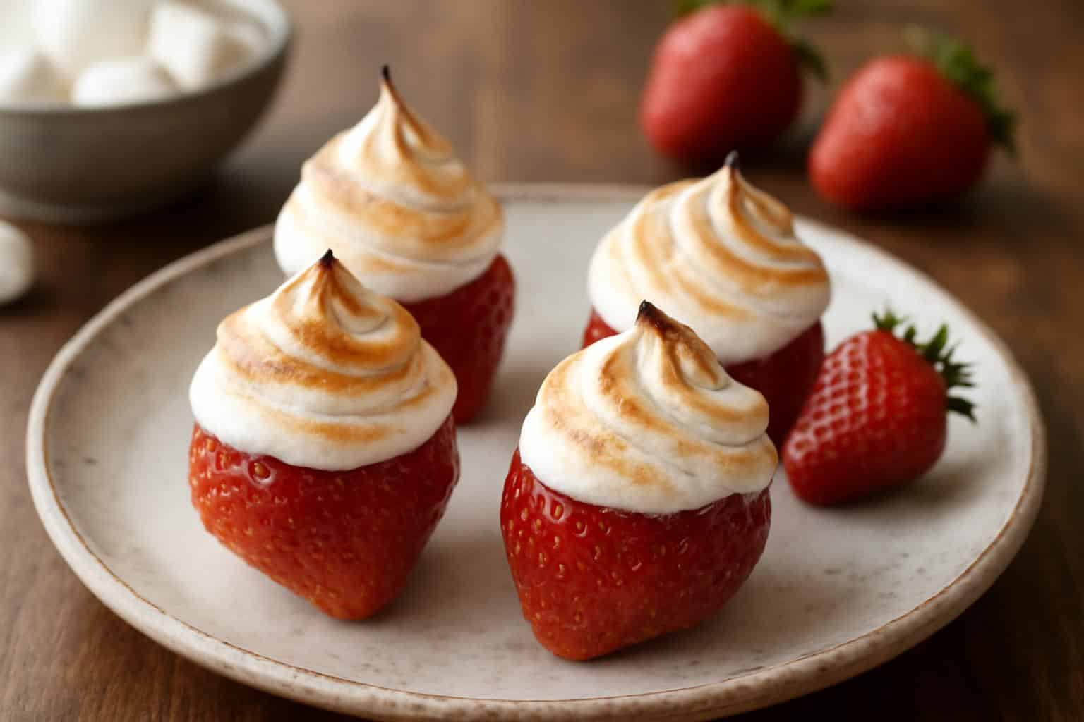 Close-up of toasted marshmallow strawberries with golden toasted topping on rustic plate, toasted marshmallow strawberri