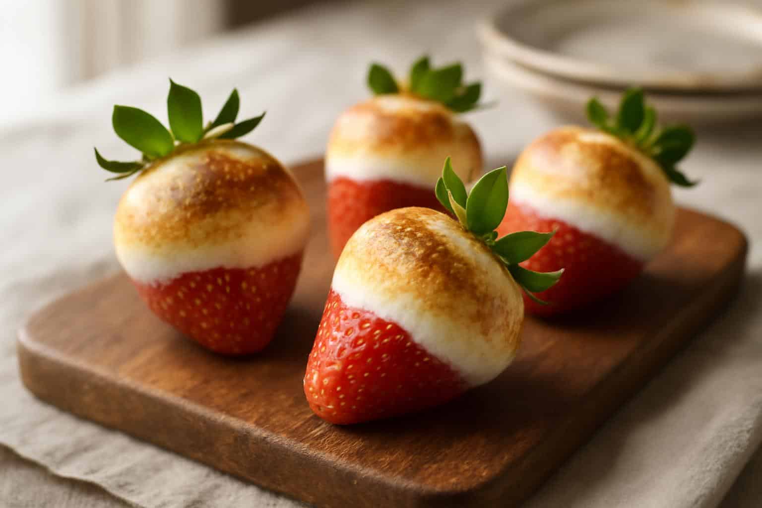 Close-up of toasted marshmallow strawberries with golden-brown coating and fresh green garnish