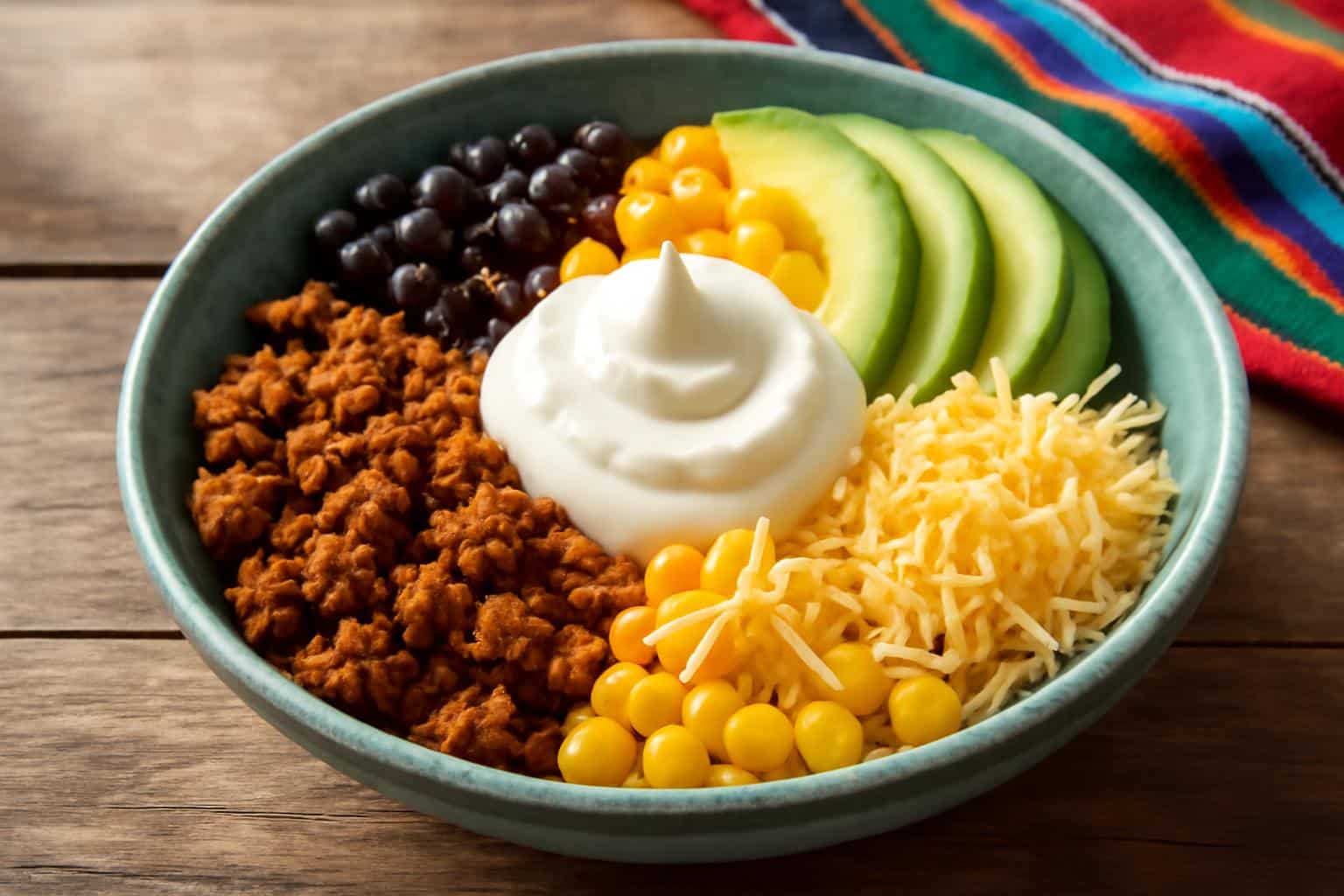 Loaded Mexican taco bowl with seasoned beef, beans, avocado, cheese, and sour cream in a colorful dish